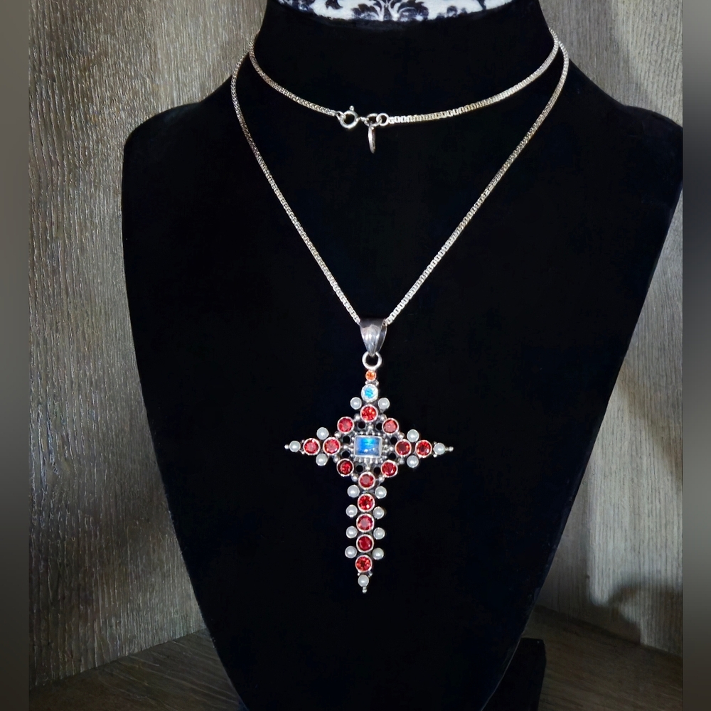 Nicky Butler 925 Sterling Silver Garnet Moonstone Pearl Cross Pendant Necklace